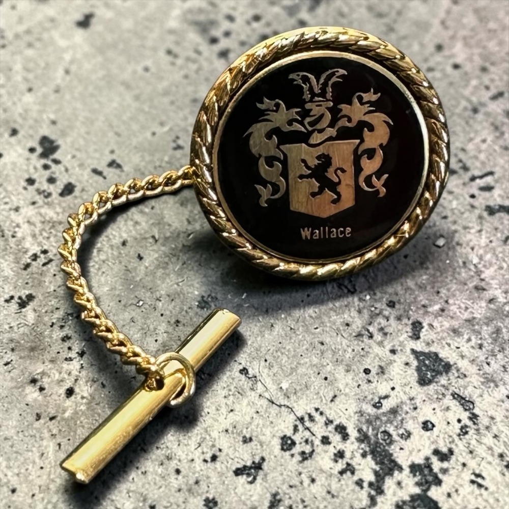Vintage Wallace Heraldic Crest Tie Tack Gold Tone Black Enamel‎ Chain Pin